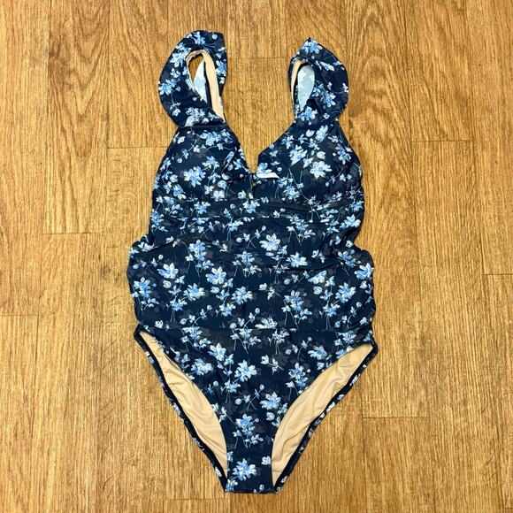A Pea in the Pod Maternity Blue Floral Ruffle One-Piece Swimsuit Size Medium - Picture 5 of 12